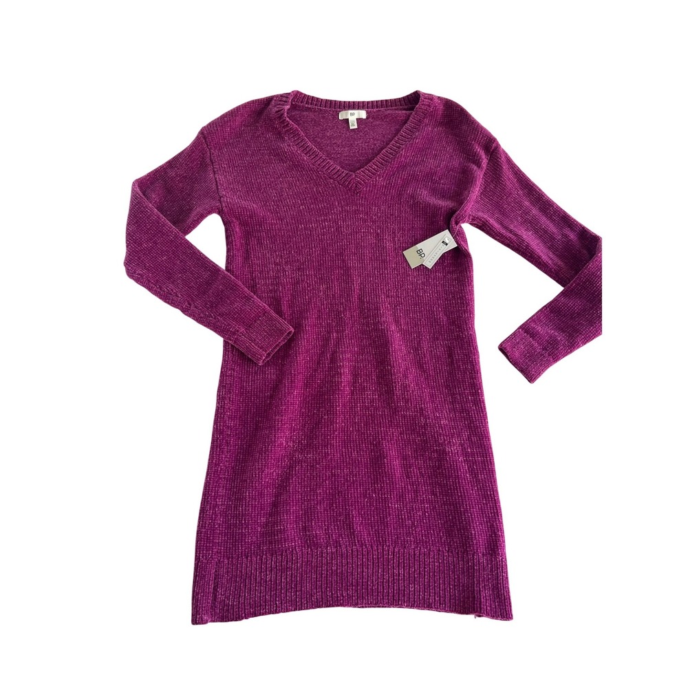 BP Nordstrom Magenta Purple Chenille V-Neck Sweater Dress Tunic XXS New